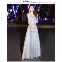 EG61 宴會晚禮服女2019新款高貴優雅長款氣質銀色主持人亮片連衣裙名媛