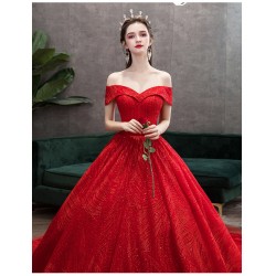 wn1 紅色主婚紗禮服顯瘦星空一字肩長拖尾孕婦新娘女結婚新款2020永和