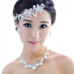 Dh1 新娘頭飾婚紗配飾 皇冠結婚禮飾品三件套韓式珍珠項鏈套裝